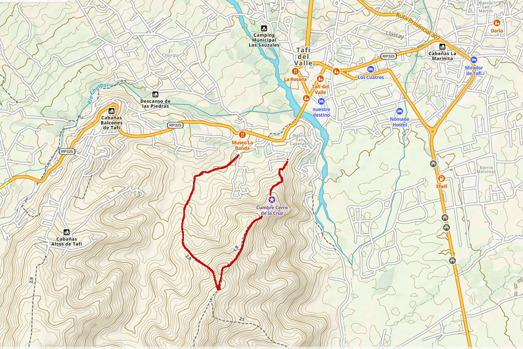 Mapa mostrando a caminhada que fiz em Tafí Del Valle, Argentina, passando pelo Cerro de La Cruz