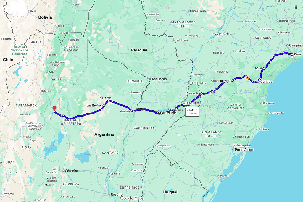 O trajeto da primeira semana da nossa viagem de moto ao Atacama, de São Paulo a Termas de Río Hondo, no Google Maps