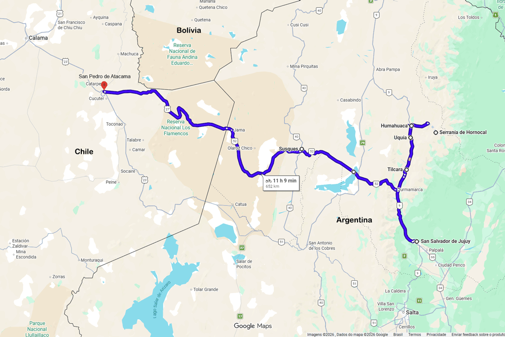 Rota de San Salvador de Jujuy a San Pedro de Atacama, atravessando a Cordilheira dos Andes