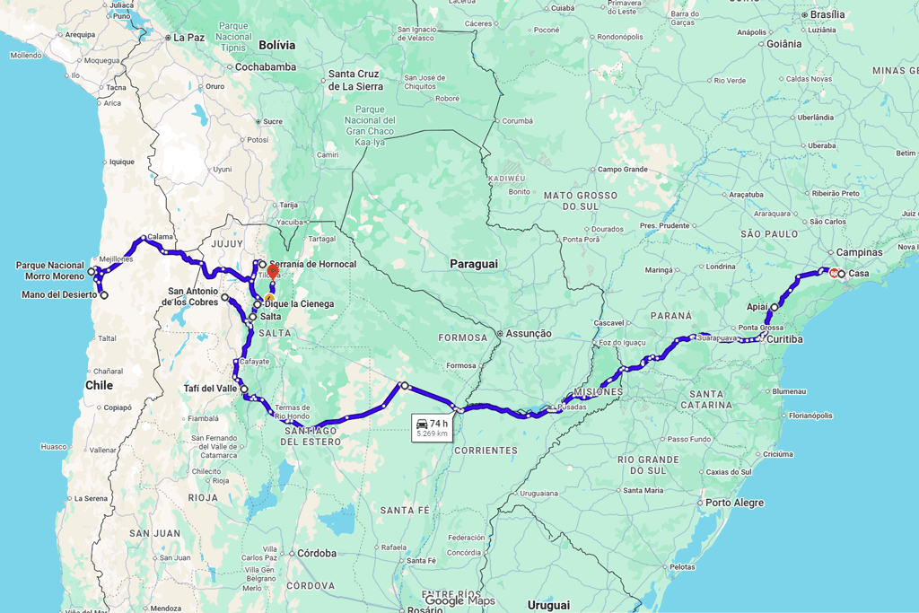 Mapa da viagem de moto de São Paulo ao Deserto de Atacama