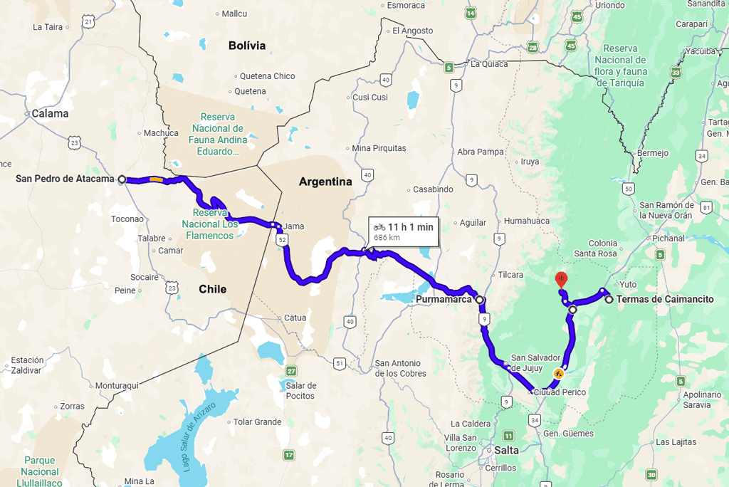 Mapa mostrando a rota de San Pedro de Atacama ao Parque Nacional Calilegua